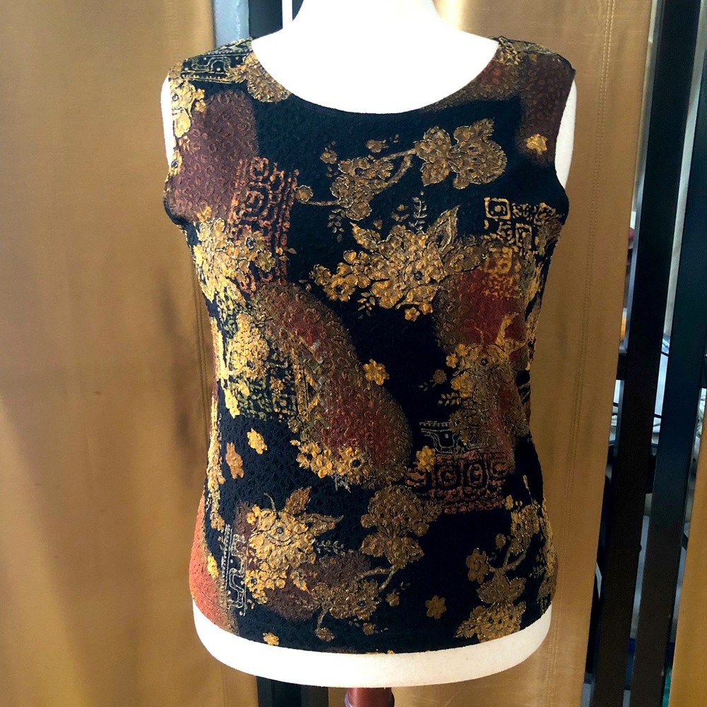 Elegant Multi Browns on Black Gold Outlines Floral Sleeveless Top